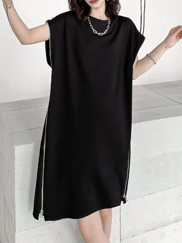 Asymmetric Zipper Loose Short Sleeves Round-Neck Midi Dresses