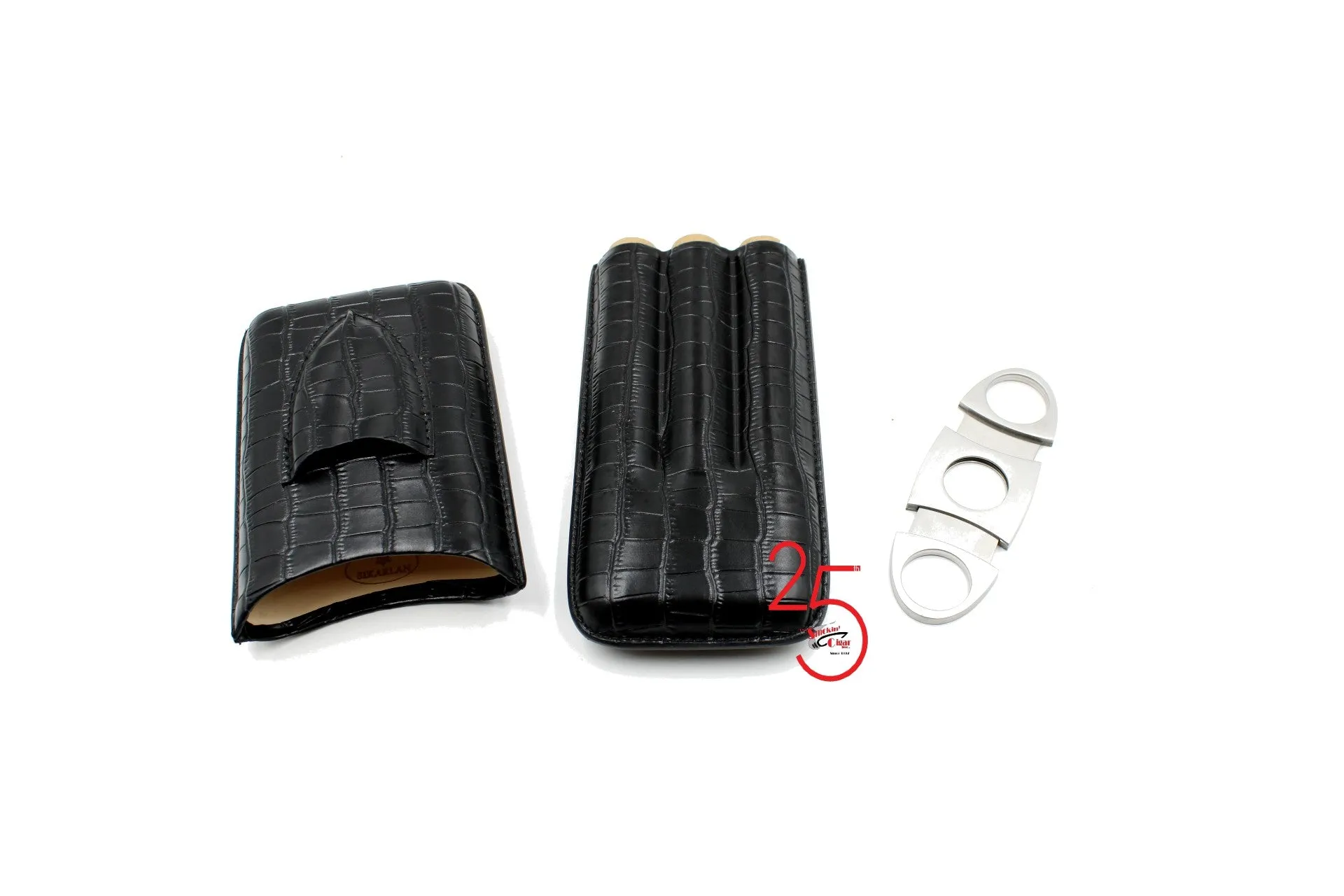 Black Crocodile leather 3 Finger Cigar Cases With Cutter