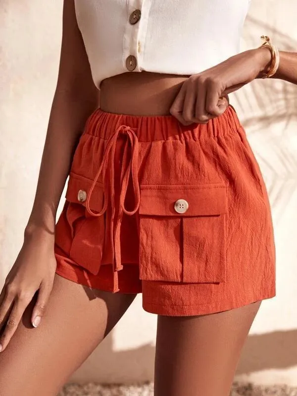 Cargo Shorts Pocket Loose Mid Rise Drawstring Straight Leg Pants