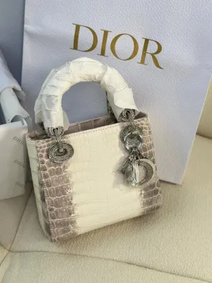 Christian Dior Niloticus Crocodile Himalaya Mini Lady Dior for Women (White/Grey)