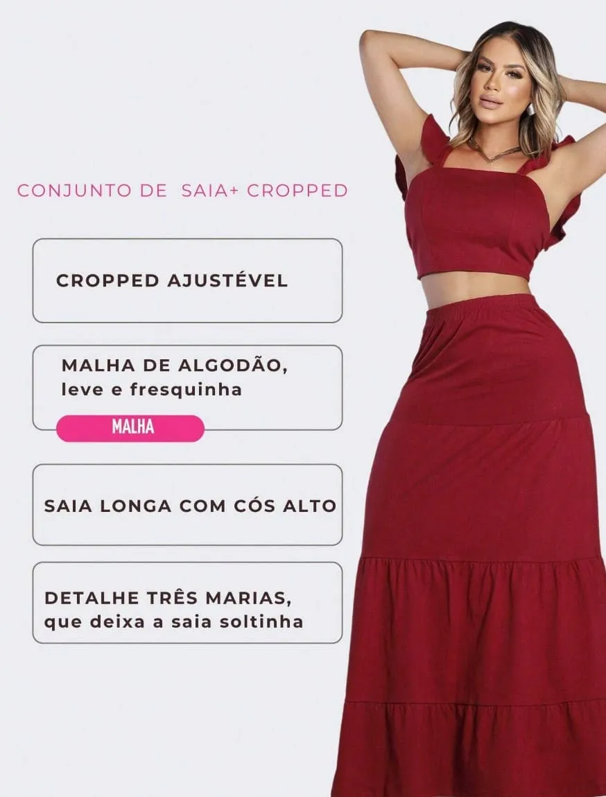 Conjunto Saia Longa com Cropped Cores Sólidas