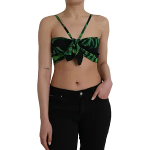 Dolce & Gabbana Black Green Leaf Silk Halter Cropped Top