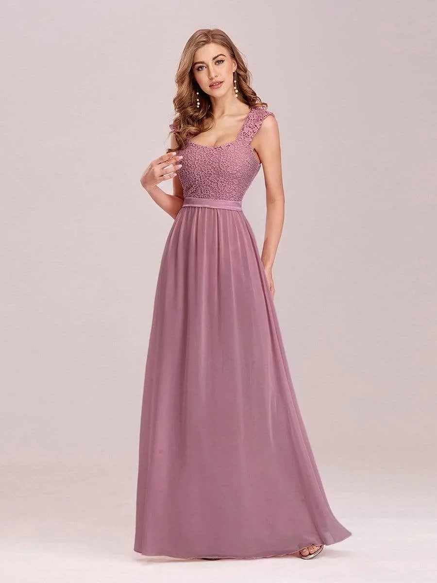 Elegant A Line Long Chiffon Bridesmaid Dress With Lace Bodice