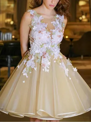 Elegant V-neck Sleeveless A-line Tulle Applique Flowers Yellow Homecoming Dresses, HD0584