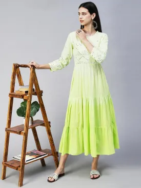 Ethnic Mirror Work Embroidered Tiered Flared Midi Dress - Light Green