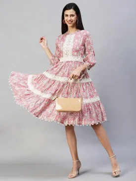 Ethnic Printed Tiered Flared Midi Dress - Pink