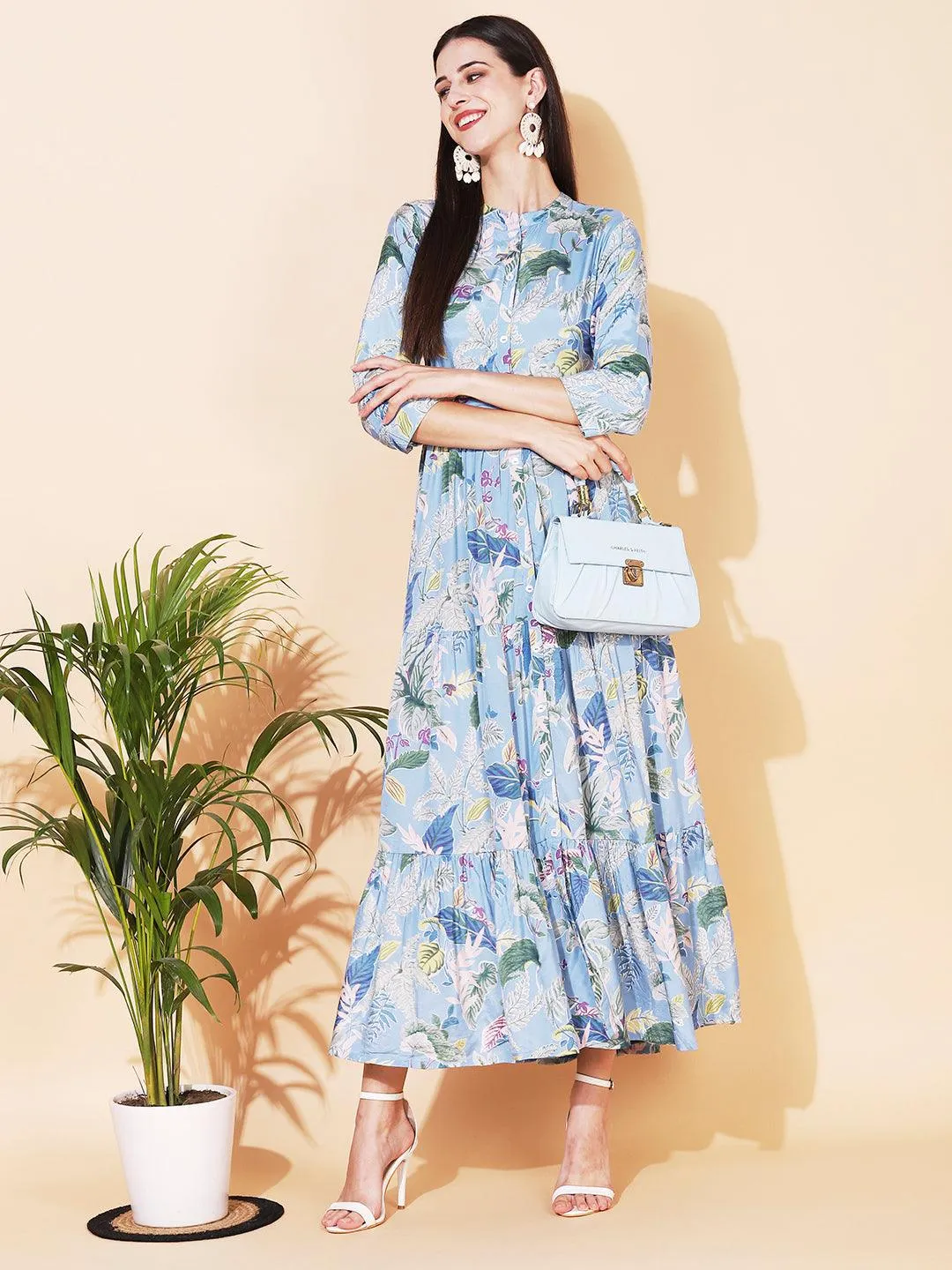 Floral Printed Tiered Flared Maxi Dress - Light Blue