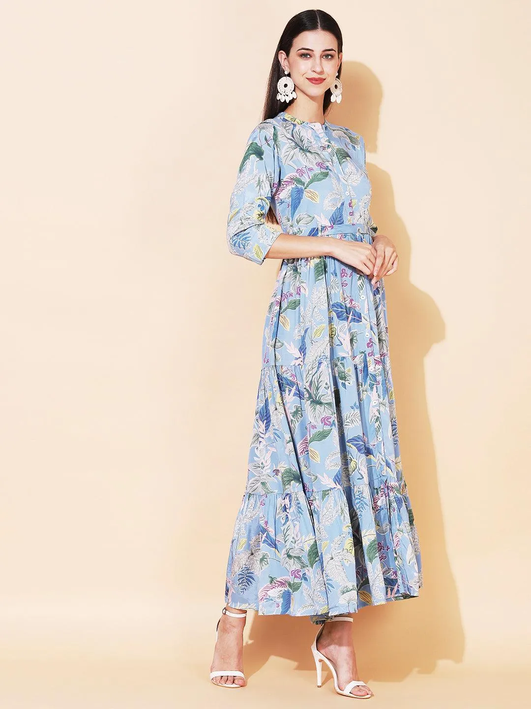 Floral Printed Tiered Flared Maxi Dress - Light Blue