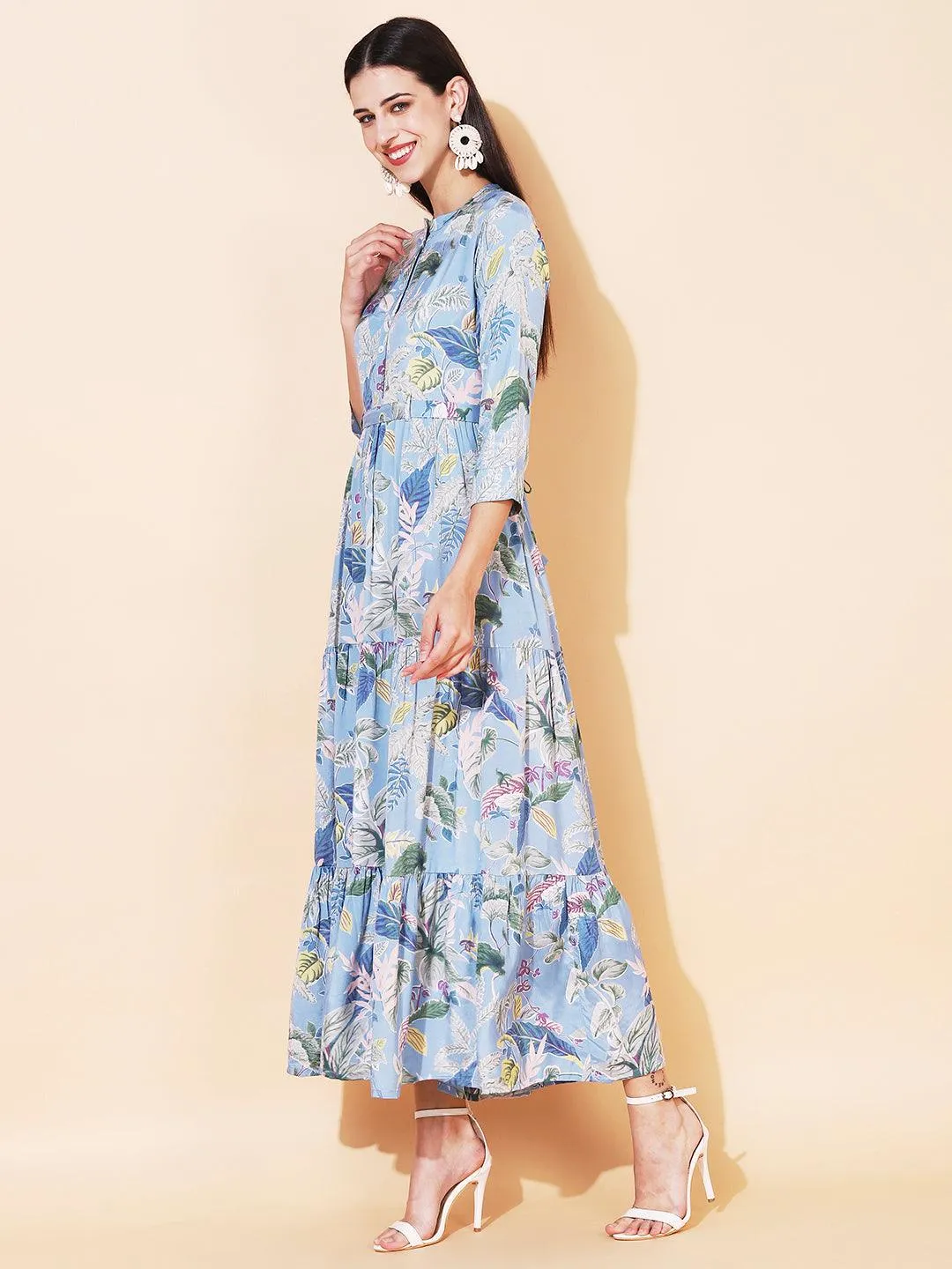 Floral Printed Tiered Flared Maxi Dress - Light Blue