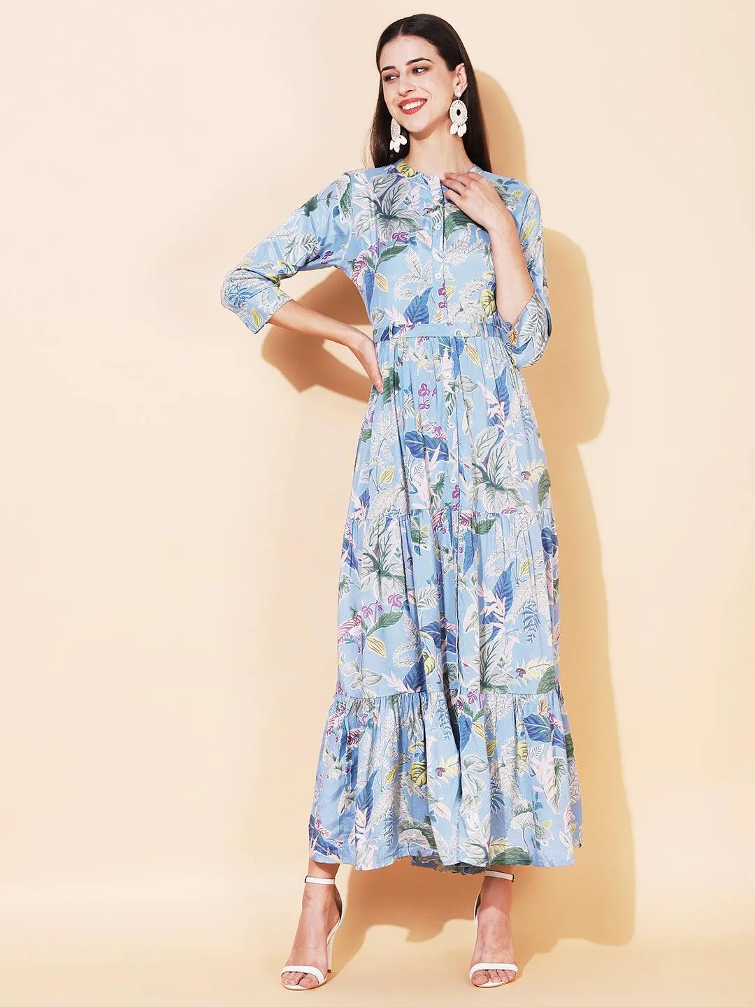 Floral Printed Tiered Flared Maxi Dress - Light Blue