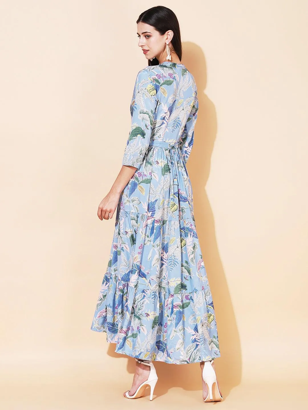 Floral Printed Tiered Flared Maxi Dress - Light Blue