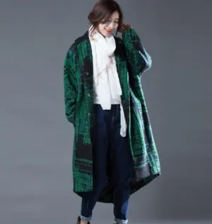 Green Women Coat Handmade Bat Sleeve loose Women Wool Coat Jacket