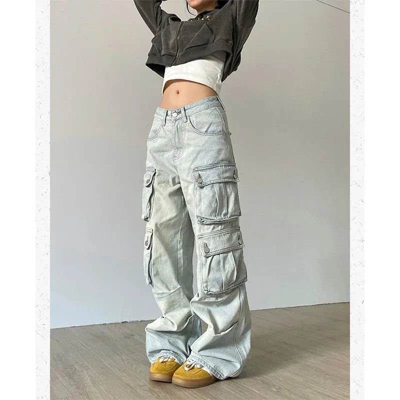 Hip Hop High Waist Wide Leg Denim Pants - Blue