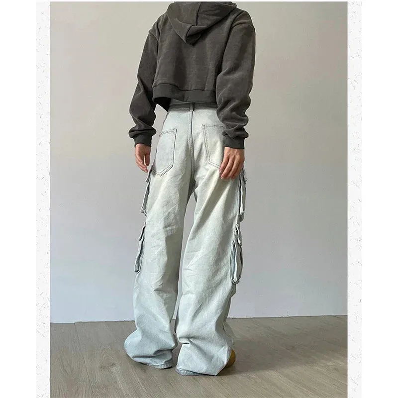 Hip Hop High Waist Wide Leg Denim Pants - Blue