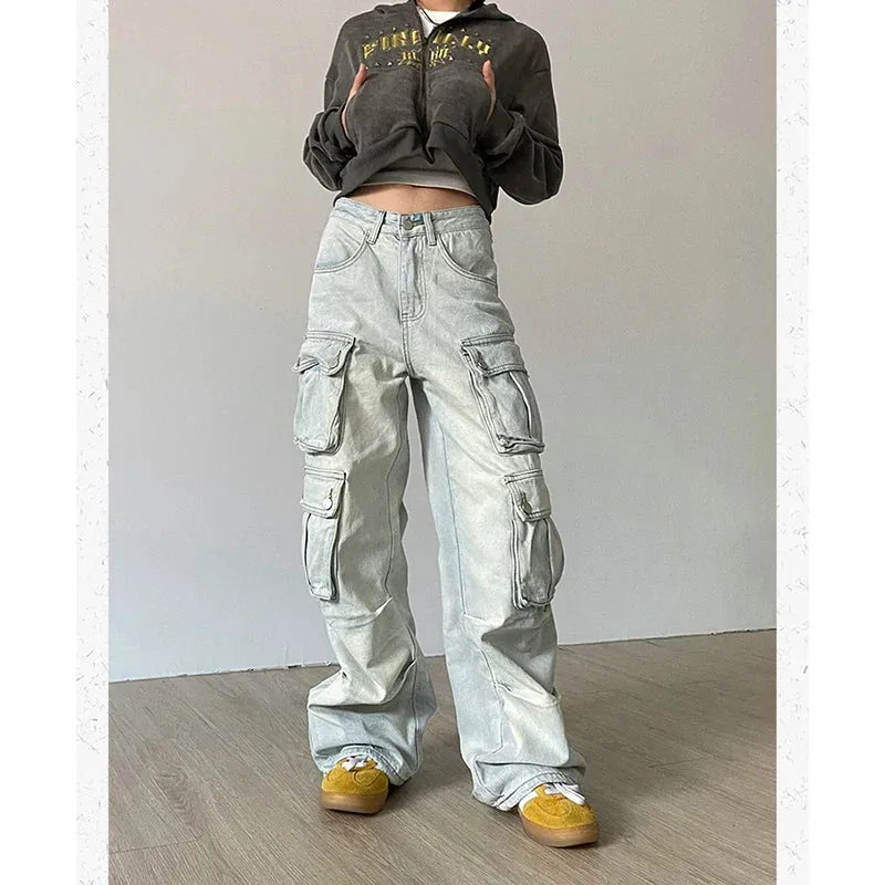 Hip Hop High Waist Wide Leg Denim Pants - Blue