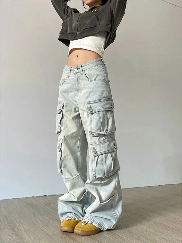 Hip Hop High Waist Wide Leg Denim Pants - Blue