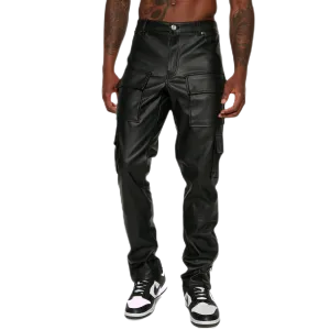 Jude Men's Classic Leather Slim Cargo Pants Black