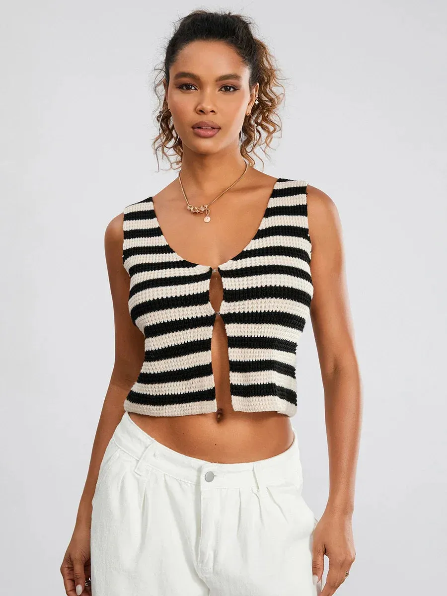 Knit V Neck Sleeveless Front Button Sweater Cami Y2K Streetwear Stripe Pajamas