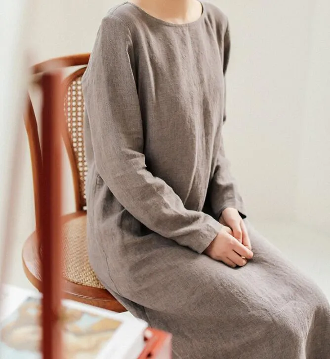 Linen Women Shirts O Neck Dresses Long Sleeve Women Linen Dresses  S90921