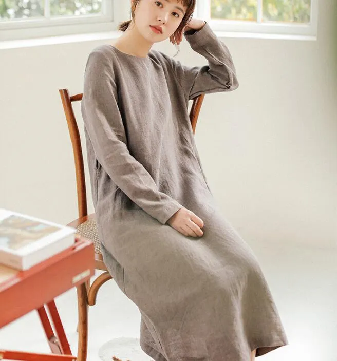 Linen Women Shirts O Neck Dresses Long Sleeve Women Linen Dresses  S90921