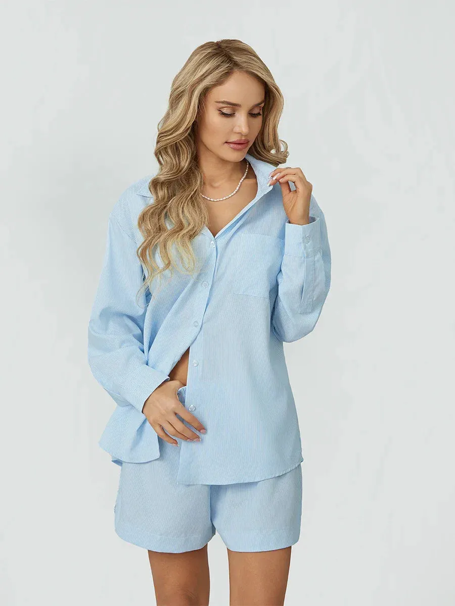 Long Sleeve Button Down Boxer Shorts Tracksuit Loungewear Striped Pajamas