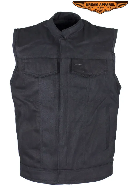 Mens Black Denim Motorcycle Club Vest With Black Liner ,Concealed Carry Gun Pockets