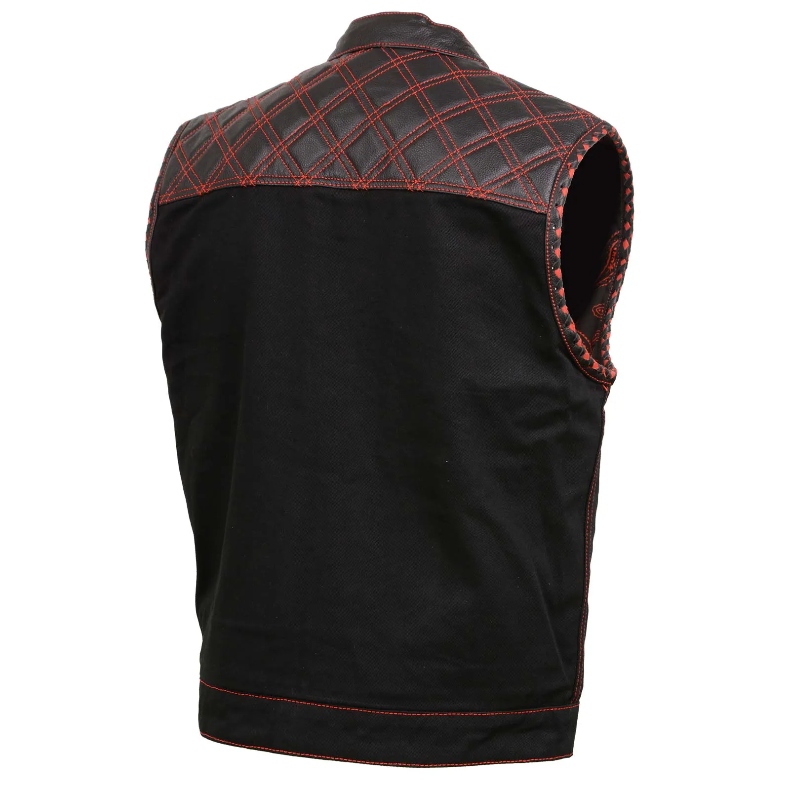 Milwaukee Leather MDM3036 Men's 'Wrecker' Black Denim and Leather Club Style Vest w/ Diamond Quilt Design