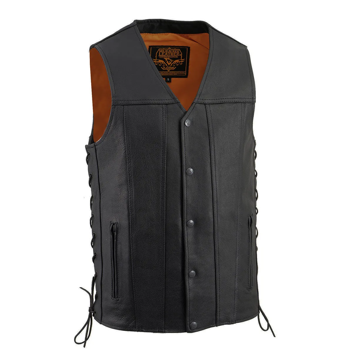 Milwaukee Leather MLM3520 Men's Black Leather Vest - Classic V-Neck Straight Bottom Side Lace Motorcycle Rider Vest