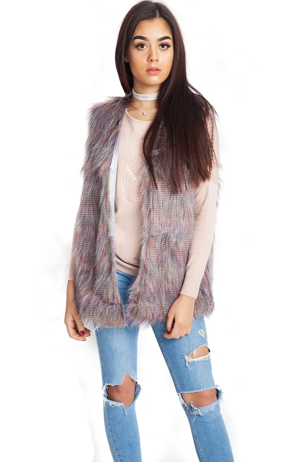 Multi-Colour Faux Long Fur Gilet