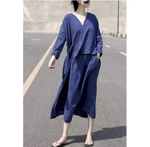 Navy blue 100%  Linen Women  Dresses 3/4 Sleeves  CH90423