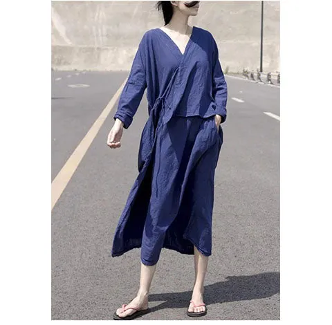 Navy blue 100%  Linen Women  Dresses 3/4 Sleeves  CH90423