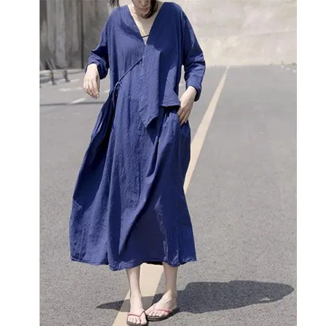 Navy blue 100%  Linen Women  Dresses 3/4 Sleeves  CH90423