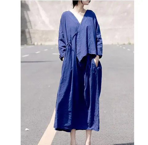 Navy blue 100%  Linen Women  Dresses 3/4 Sleeves  CH90423