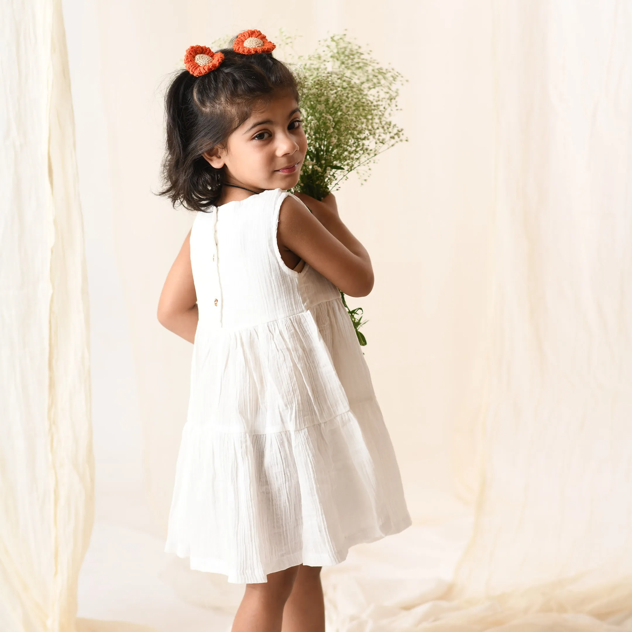 Organic Cotton Muslin Flower Dress & Sunflower Rubberbands Set- Gift Set