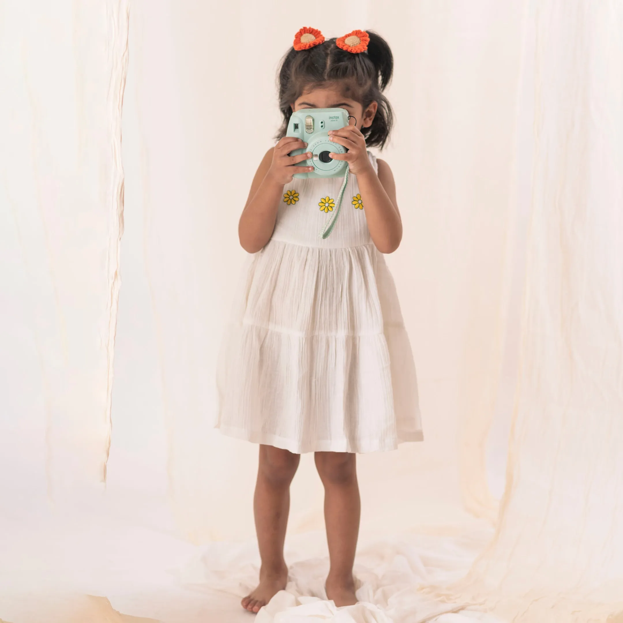 Organic Cotton Muslin Flower Dress & Sunflower Rubberbands Set- Gift Set