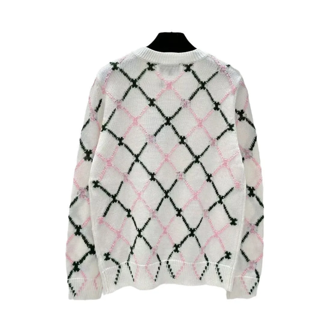 Pre Order:  Diamond Grid Jacquard Round Neck Knitted Sweater