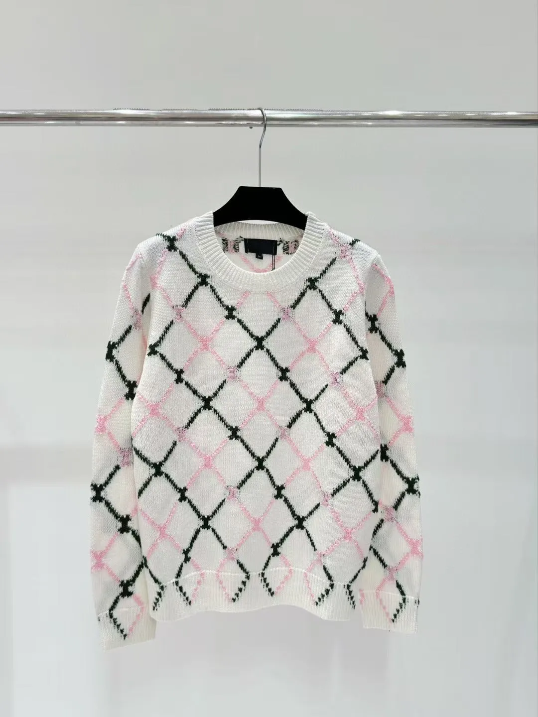 Pre Order:  Diamond Grid Jacquard Round Neck Knitted Sweater