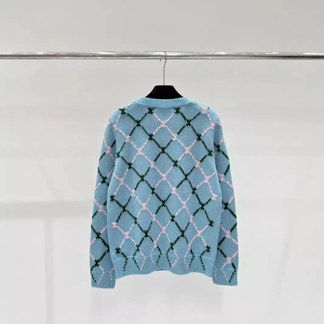 Pre Order:  Diamond Grid Jacquard Round Neck Knitted Sweater