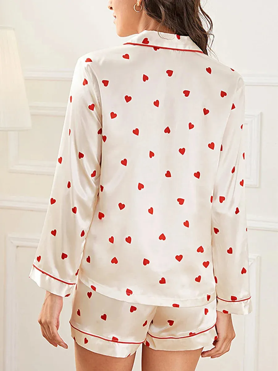 Print Long Sleeve Button Closure Shirt Shorts Loungewear Heart Pajamas