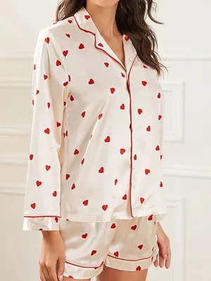 Print Long Sleeve Button Closure Shirt Shorts Loungewear Heart Pajamas