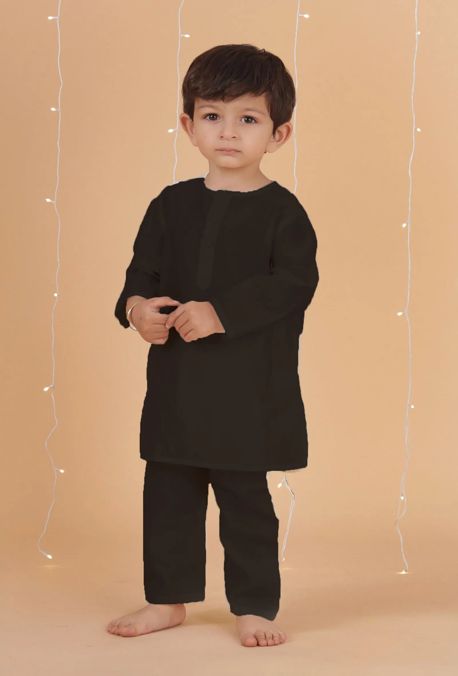 Set Of 3- Black Chanderi Kurta, Pajama & Black Buti Nehru Jacket