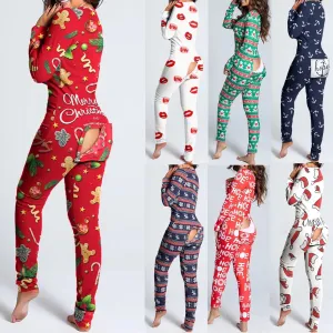 Womens Christmas Pajamas with Sexy Xmas Print, Button-down Front and Back, Open Butt Flap Jumpsuit for New Year Sleepwear and Loungewear