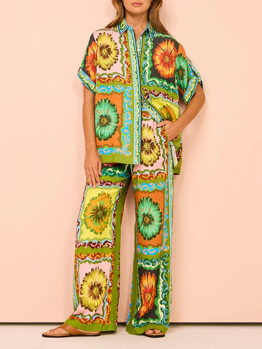 Short Sleeve Sunflower/Fruit Print Shirt Drawstring Pants Beachwear Casual Pajamas