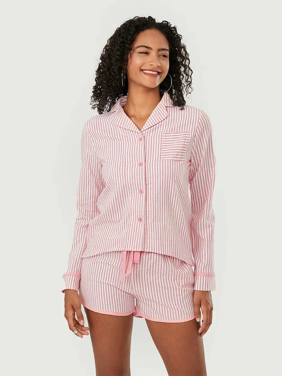 Sleeve Button Down Striped Tops Drawstring Shorts Sleepwear Long Pajamas