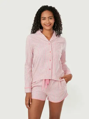 Sleeve Button Down Striped Tops Drawstring Shorts Sleepwear Long Pajamas