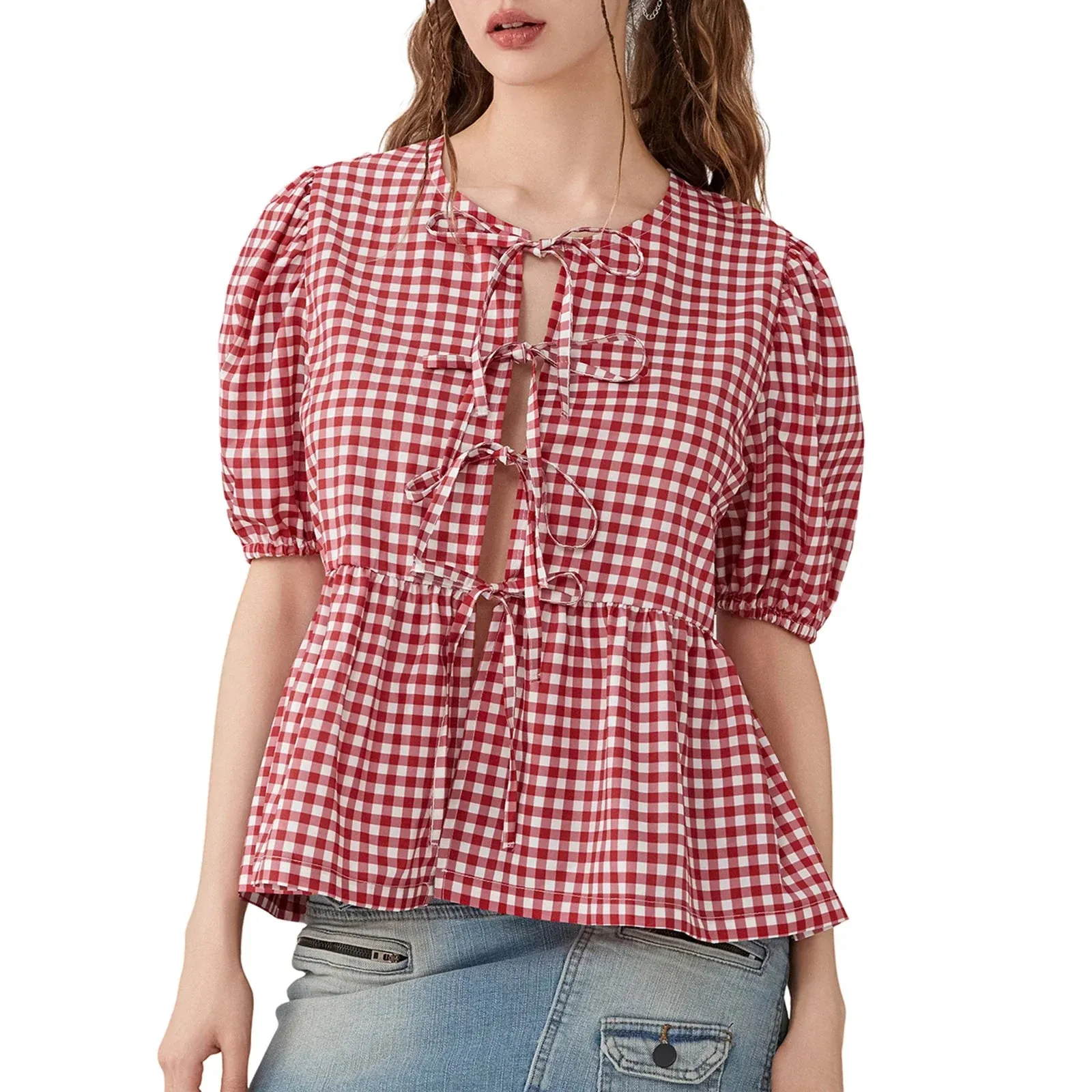 Sleeve Round Neck Loose Vintage Tops Basics Chic Plaid Print Puff Blouse