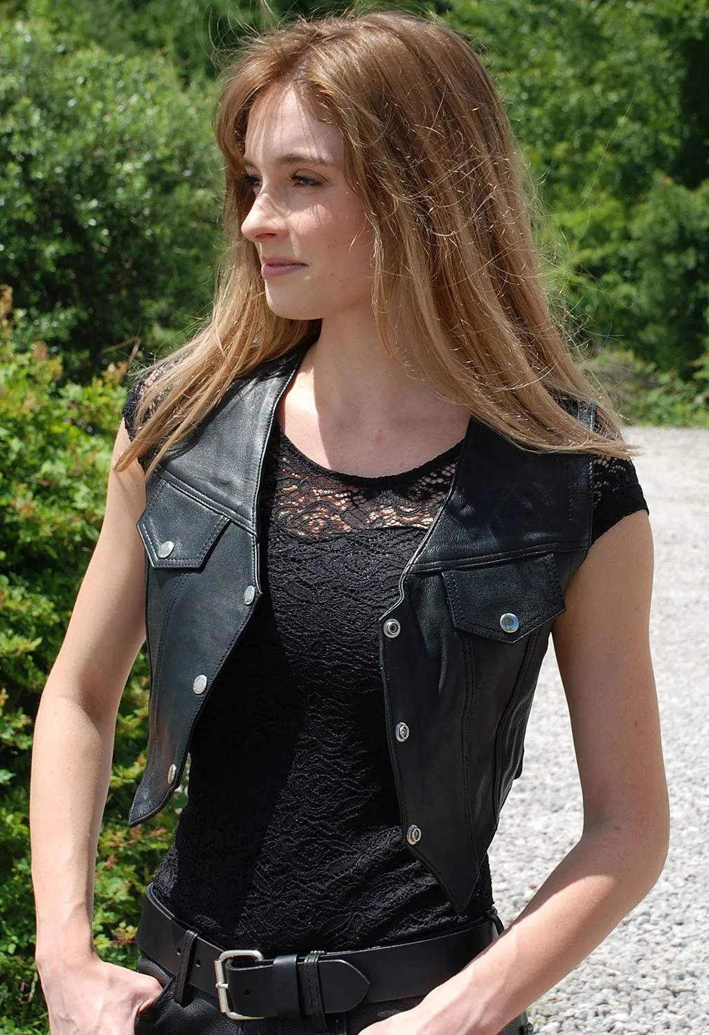 Snap-Up Jean Style Black Leather Crop Vest #VL1110CK ()