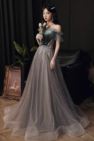 solvbao A-Line Tulle Off the Shoulder Prom Dresses, Gray Evening Dresses