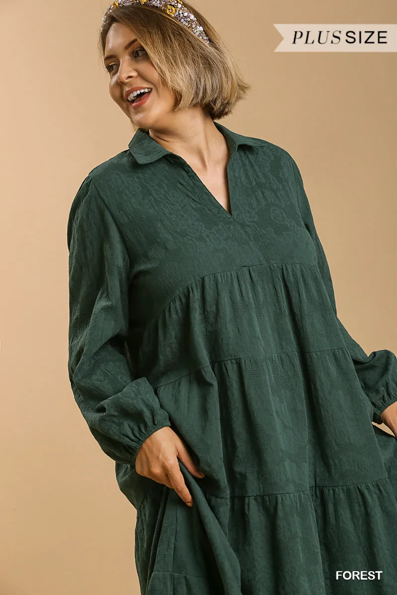 Sure! Heres an optimized title for your e-commerce product:

Stylish Textured Long Sleeve Plus Size Maxi Dress with Split Neck and Tiered Design - Ships from the USA