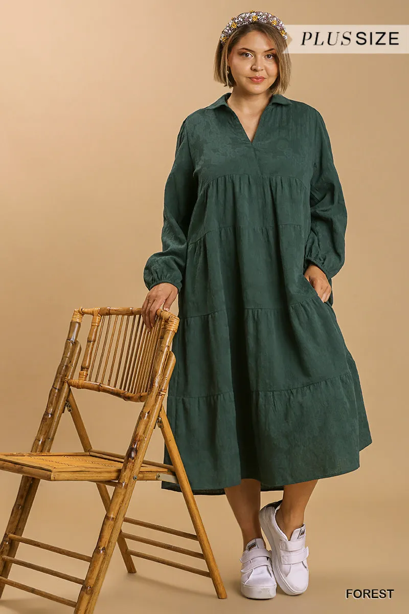 Sure! Heres an optimized title for your e-commerce product:

Stylish Textured Long Sleeve Plus Size Maxi Dress with Split Neck and Tiered Design - Ships from the USA